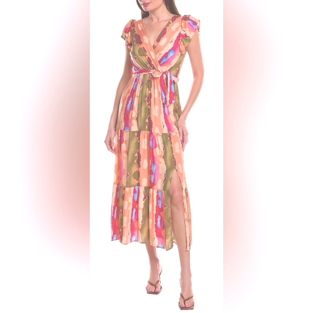 Anna Kay multi color abstract tie front/tiered maxi dress - Size M - Picture 2 of 7